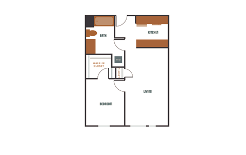 Floor plan for 1 bed, 1 bath, 665 sqft